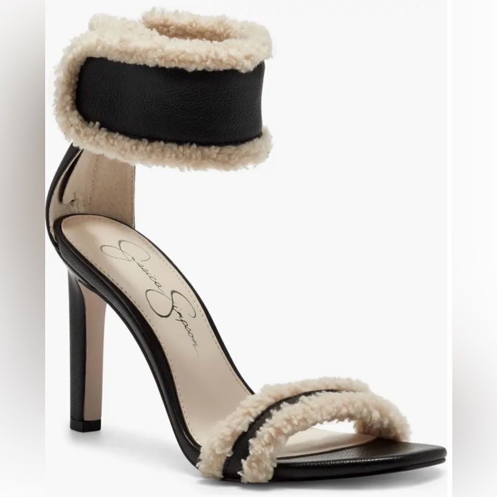 Jessica Simpson Black and Cream Shearling Accent Stiletto Heels